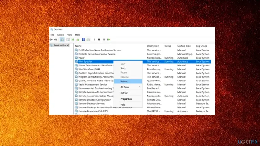 Services window with Print Spooler selected, its status Running and Startup Type Automatic, and the right-click menu open on Restart
