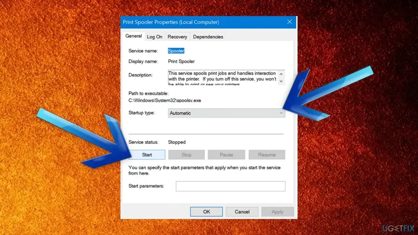 Print Spooler Properties window, General tab, with Startup type set to Automatic, Service status Stopped and the Start button marked