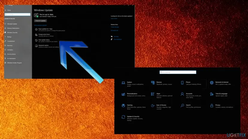 Windows 10 Settings with Update & Security open on the Windows Update page and an arrow pointing to View update history