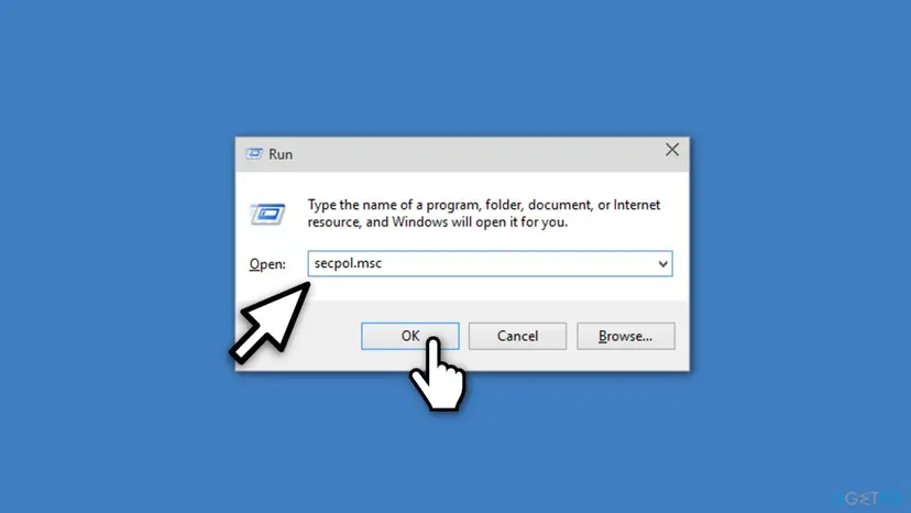 Run dialog in Windows with secpol.msc typed in the Open box and the mouse pointer on the OK button