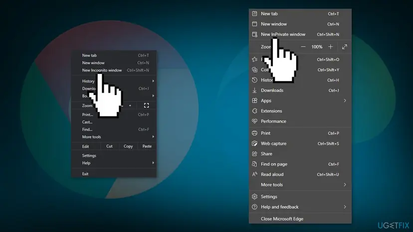 Google Chrome and Microsoft Edge menus showing Incognito and InPrivate options