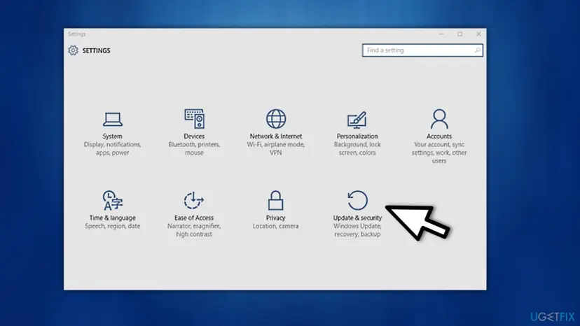 Windows 10 Settings home screen with an arrow on the Update and Security tile, the way into the Activation page