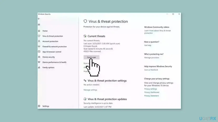 Windows Security app showing the Virus and threat protection page with the Quick scan button