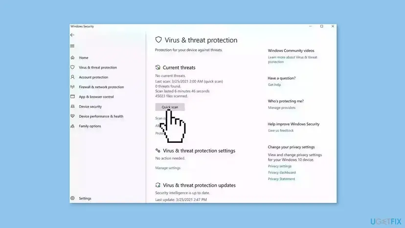 Windows Security window showing Virus and threat protection settings and the Quick scan button