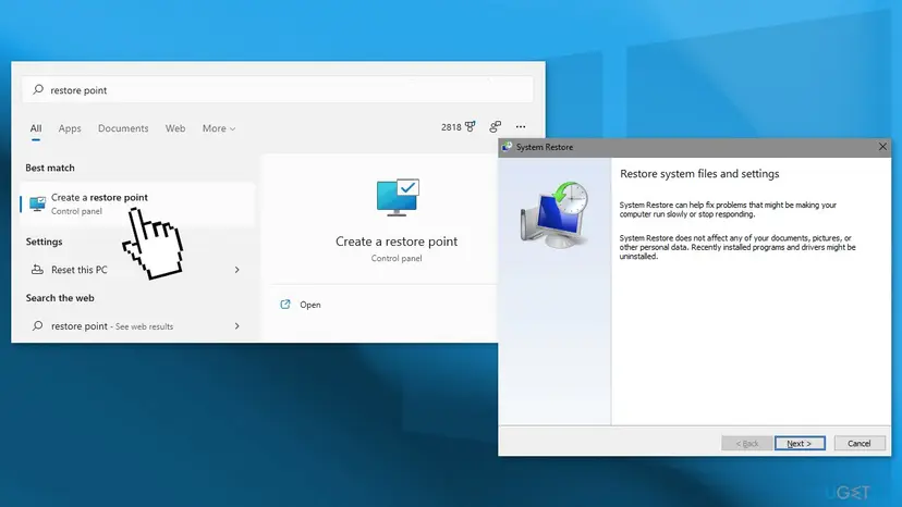 Windows 11 search showing Create a restore point, and the System Restore window titled Restore system files and settings with the Next button