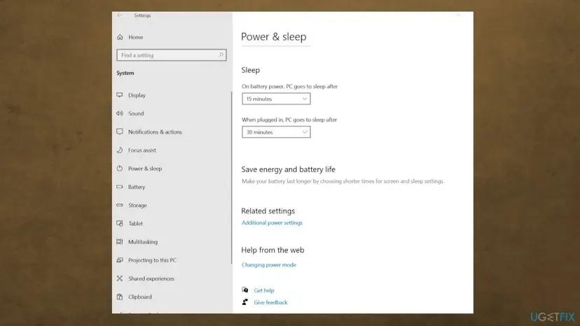 Windows 10 Settings, System, Power and sleep page with screen and sleep timers and the Additional power settings link under Related settings