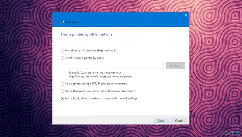 Add Printer window, Find a printer by other options, with Select a shared printer by name and the example \\computername\printername, the TCP/IP option and Add a local printer or network printer with manual settings