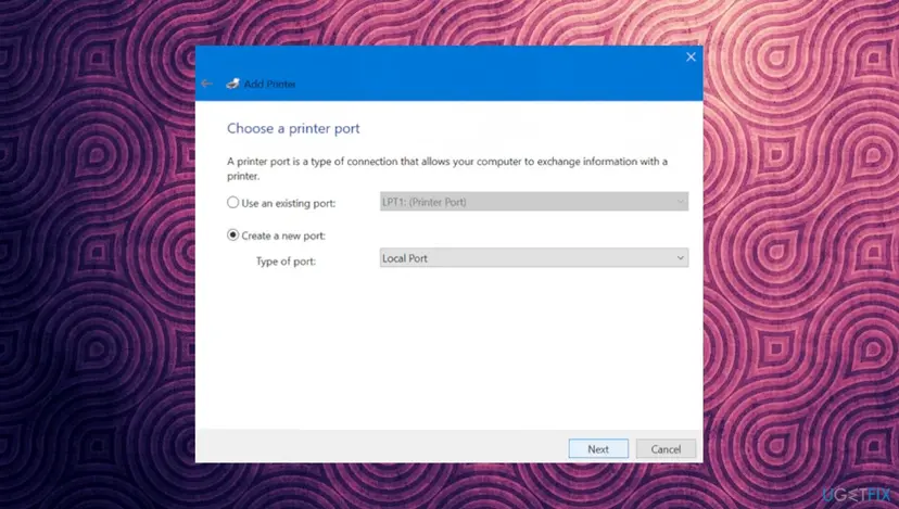 Add Printer window, Choose a printer port, with Create a new port selected and Type of port set to Local Port, and the Next button