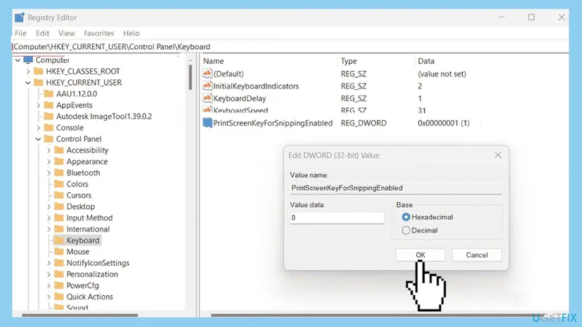 Registry Editor at HKEY_CURRENT_USER Control Panel Keyboard with the DWORD PrintScreenKeyForSnippingEnabled open and its value data set to 0