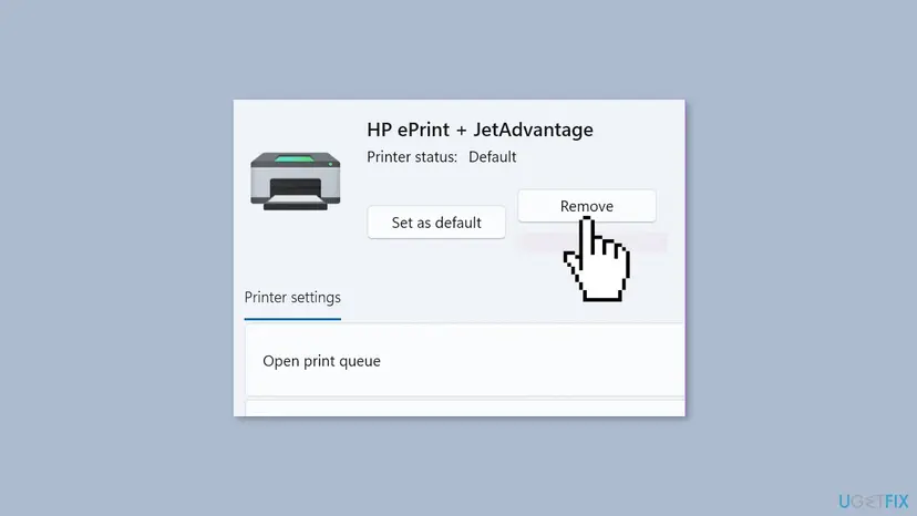 Windows 11 printer page for an HP printer with Printer status, Set as default and the Remove button, and Open print queue below