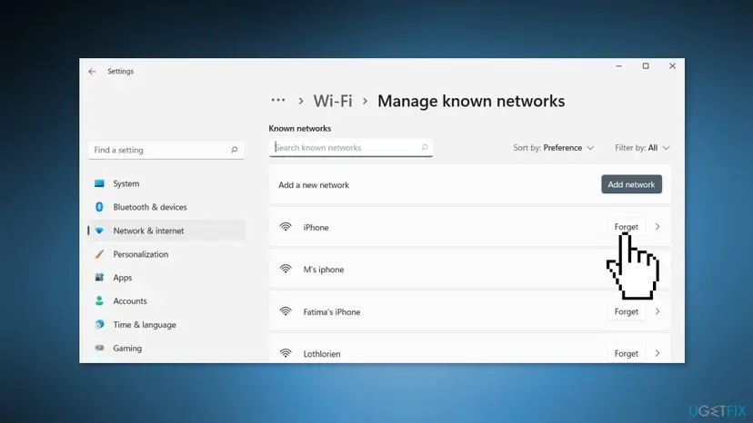 Windows 11 Settings on Network and internet, Wi-Fi, Manage known networks, with a pointer on the Forget button of a saved network