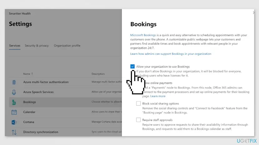 Microsoft 365 admin center settings with the Bookings panel open and the checkbox Allow your organization to use Bookings ticked