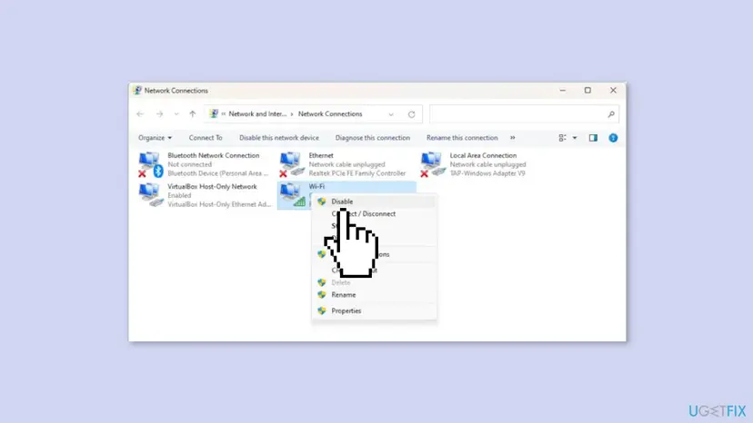 Network Connections window in Windows 11 with the Wi-Fi adapter's right-click menu open and the Disable option highlighted