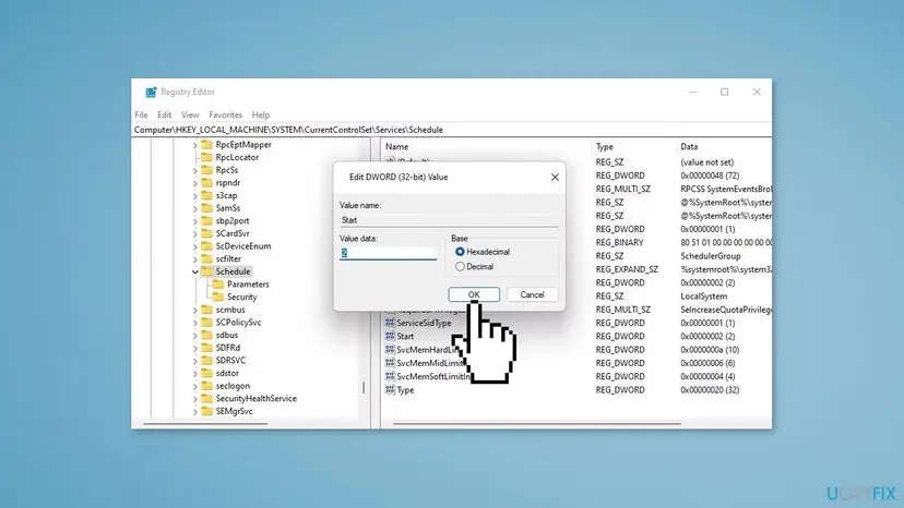 Registry Editor at HKEY_LOCAL_MACHINE SYSTEM CurrentControlSet Services Schedule with the Edit DWORD window for Start and the value data 2