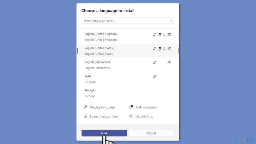 Windows 11 Choose a language to install window with English (United States) selected in the list and the Next button