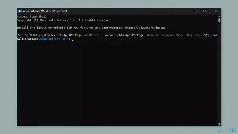 Administrator Windows PowerShell window with a Get-AppXPackage and Add-AppxPackage re-register command typed at the prompt