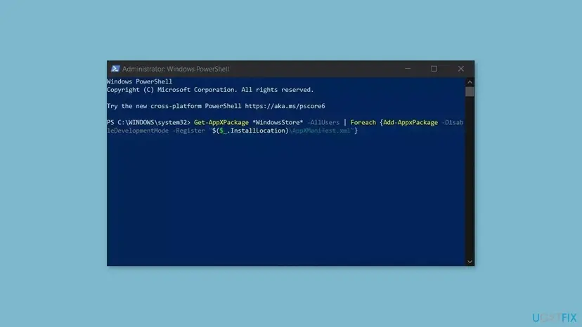 Windows PowerShell window running the Get-AppxPackage and Add-AppxPackage command that re-registers an app