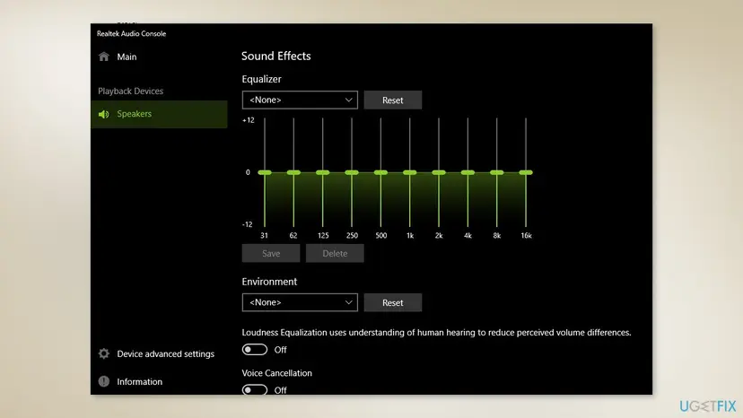 Realtek Audio Console Sound Effects window displaying an equalizer and audio settings for the selected output device