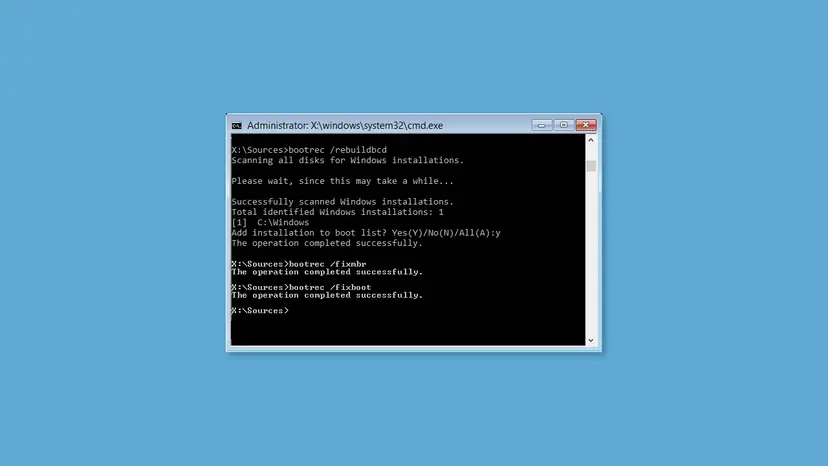 Recovery Command Prompt window showing bootrec /rebuildbcd finding one Windows installation at C:\Windows and completing successfully
