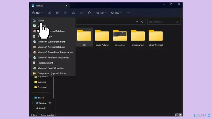 File Explorer on Windows 11 in the Pictures folder with the New menu open and Folder at the top of the list