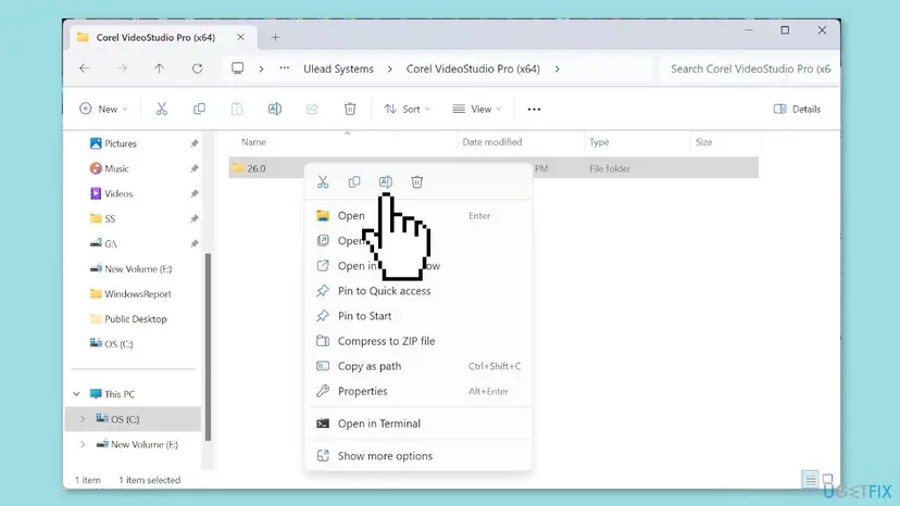 File Explorer at AppData Ulead Systems Corel VideoStudio Pro (x64) with the 26.0 folder of VideoStudio 2023 selected and its right-click menu open