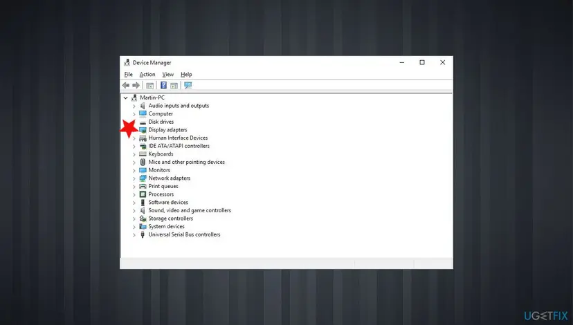 Windows Device Manager with the list of device categories and Display adapters marked as the place to find the graphics driver