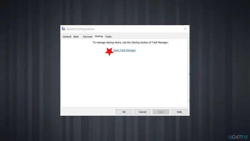 System Configuration Startup tab with the Open Task Manager link that leads to the list of startup apps