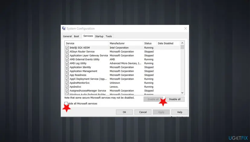 System Configuration Services tab with the Hide all Microsoft services box and the Disable all button marked