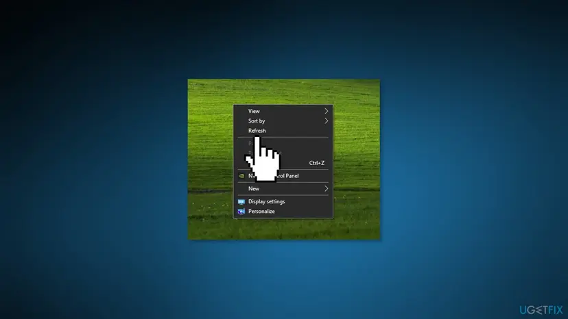 Desktop right-click menu with the cursor on the Refresh option