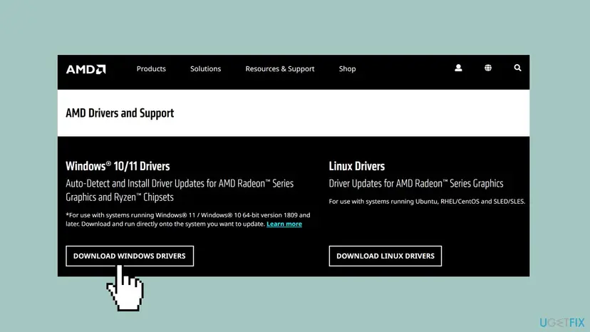 AMD Drivers and Support page with the Windows 10/11 Drivers box and the Download Windows Drivers button for the Auto-Detect and Install tool