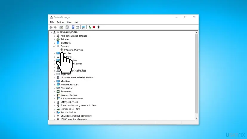 Device Manager on Windows 10 with the Cameras category expanded and the Integrated Camera device selected