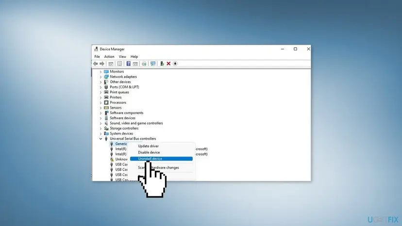 Windows 11 Device Manager with Universal Serial Bus controllers expanded and the right-click menu of a USB device showing Uninstall device