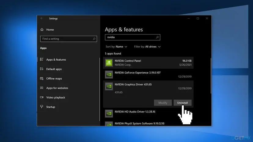 Windows 10 Apps and features list filtered for nvidia with NVIDIA Graphics Driver 431.65 selected and its Uninstall button highlighted