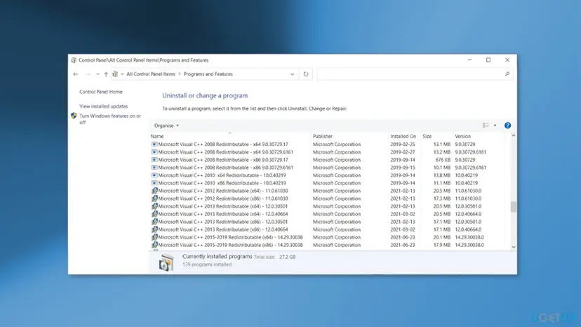 Programs and Features in Windows 10 listing Microsoft Visual C++ 2008, 2010, 2012, 2013 and 2015 to 2019 Redistributable packages in x86 and x64 versions
