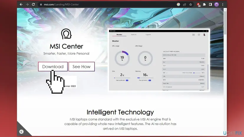 MSI Center page on msi.com in a browser with the Download button pointed at, next to a picture of the MSI Center Monitor screen