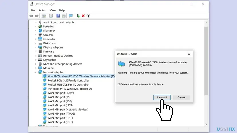 Device Manager with Network adapters expanded and the Uninstall Device dialog for a Killer Wireless-AC adapter with the Uninstall button