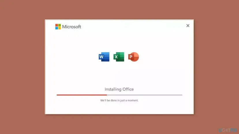 Microsoft setup window with the Word, Excel and PowerPoint icons, the text Installing Office, a red progress bar and the line We'll be done in just a moment