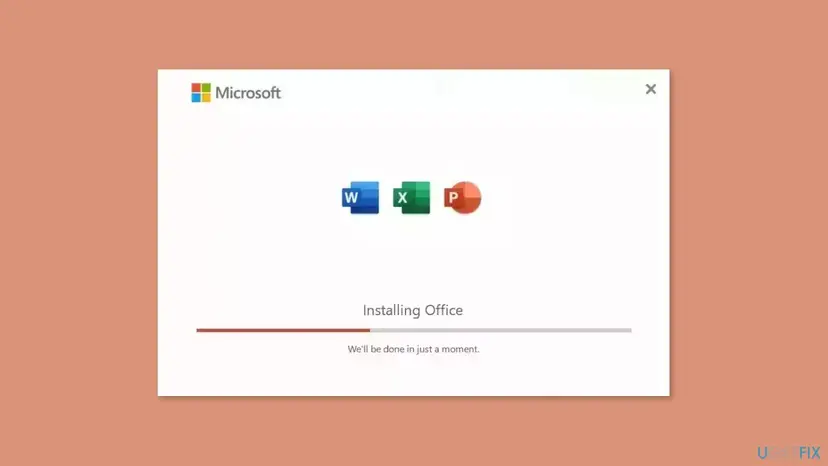 Microsoft Office setup window with the Word, Excel and PowerPoint icons, the text Installing Office, a progress bar and the line We'll be done in just a moment