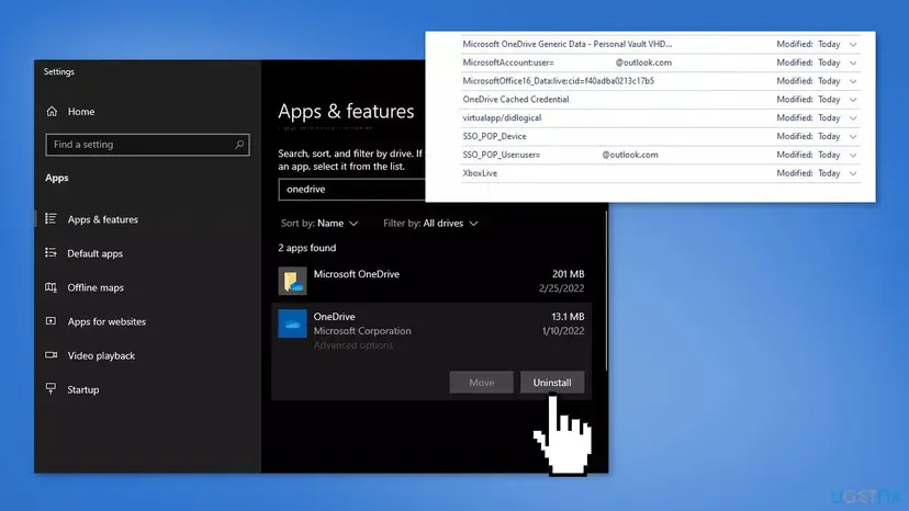 Windows 10 Settings Apps and features list filtered for onedrive with the Uninstall button, next to a Credential Manager list with OneDrive entries