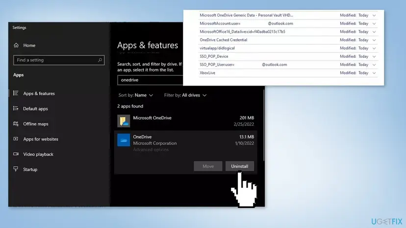 Windows 10 Settings, Apps and features filtered for onedrive with Microsoft OneDrive and the Uninstall button, plus a Credential Manager list