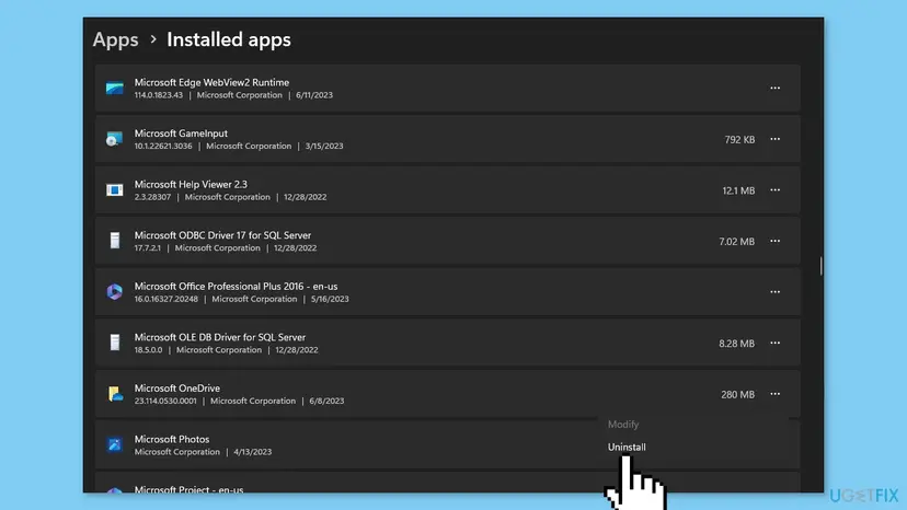 Windows 11 Settings, Apps, Installed apps list with the menu of Microsoft OneDrive open and the Uninstall entry under the pointer