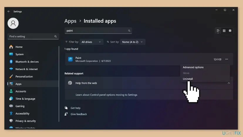 Windows 11 Settings at Apps, Installed apps with the three dots menu of Paint open and the Uninstall option highlighted