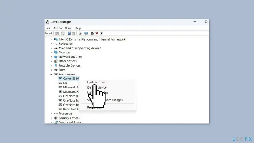 Device Manager on Windows 11 with Print queues expanded and the right-click menu of a Canon printer showing Update driver and Uninstall device