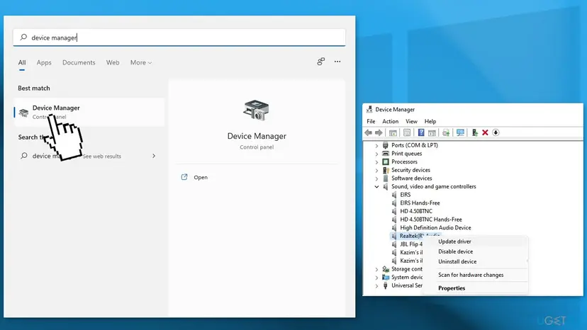 Windows 11 search opening Device Manager, and Sound, video and game controllers expanded with the Realtek(R) Audio menu showing Uninstall device