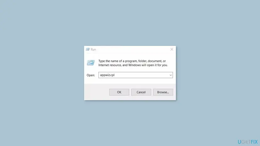 Run dialog on Windows with appwiz.cpl typed in the Open field, ready to open Programs and Features to uninstall a program