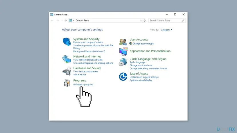 Control Panel in Category view with the Uninstall a program link under Programs, used to remove an app that shows the 16-bit error