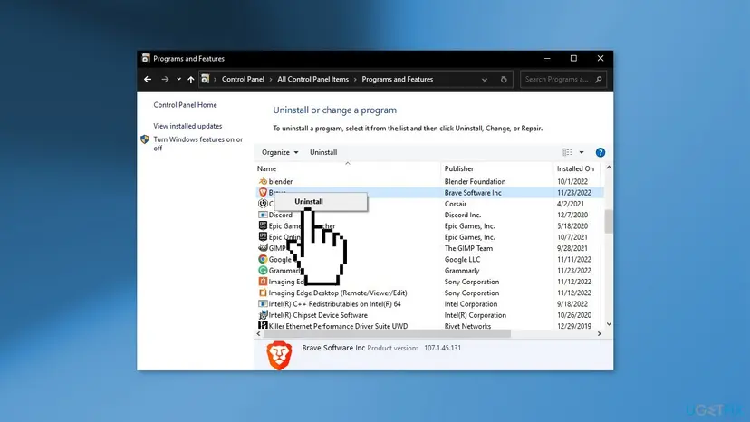 Programs and Features window with a browser entry selected in the list of installed programs and its Uninstall option shown on right-click
