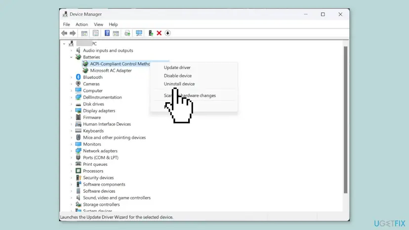 Device Manager on Windows 11 with Batteries expanded and the right-click menu of ACPI-Compliant Control Method Battery showing Uninstall device