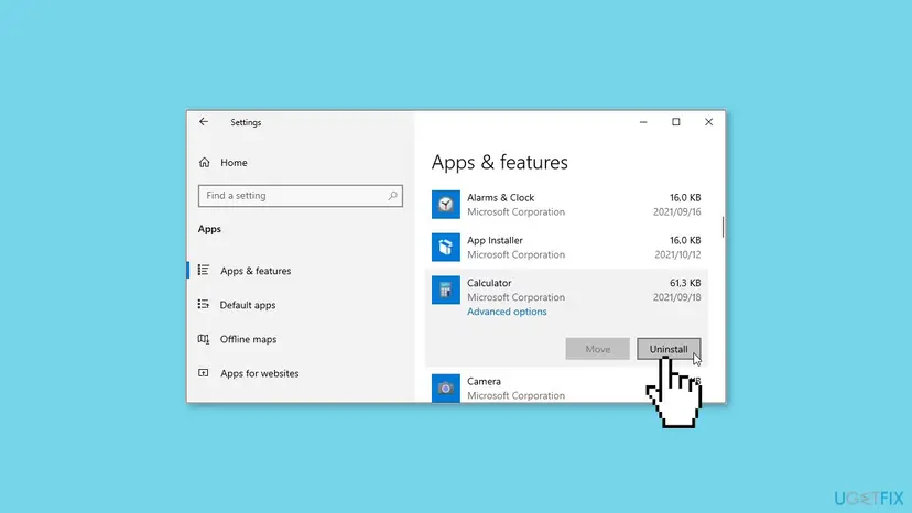 Windows 10 Settings, Apps and features with Calculator by Microsoft Corporation selected and the Uninstall button next to Move