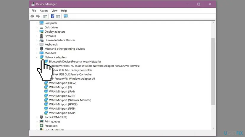 Device Manager with Network adapters expanded, listing Bluetooth, a Killer Wi-Fi adapter, two Realtek Ethernet controllers, a VPN adapter and WAN Miniport entries, but no mobile broadband adapter